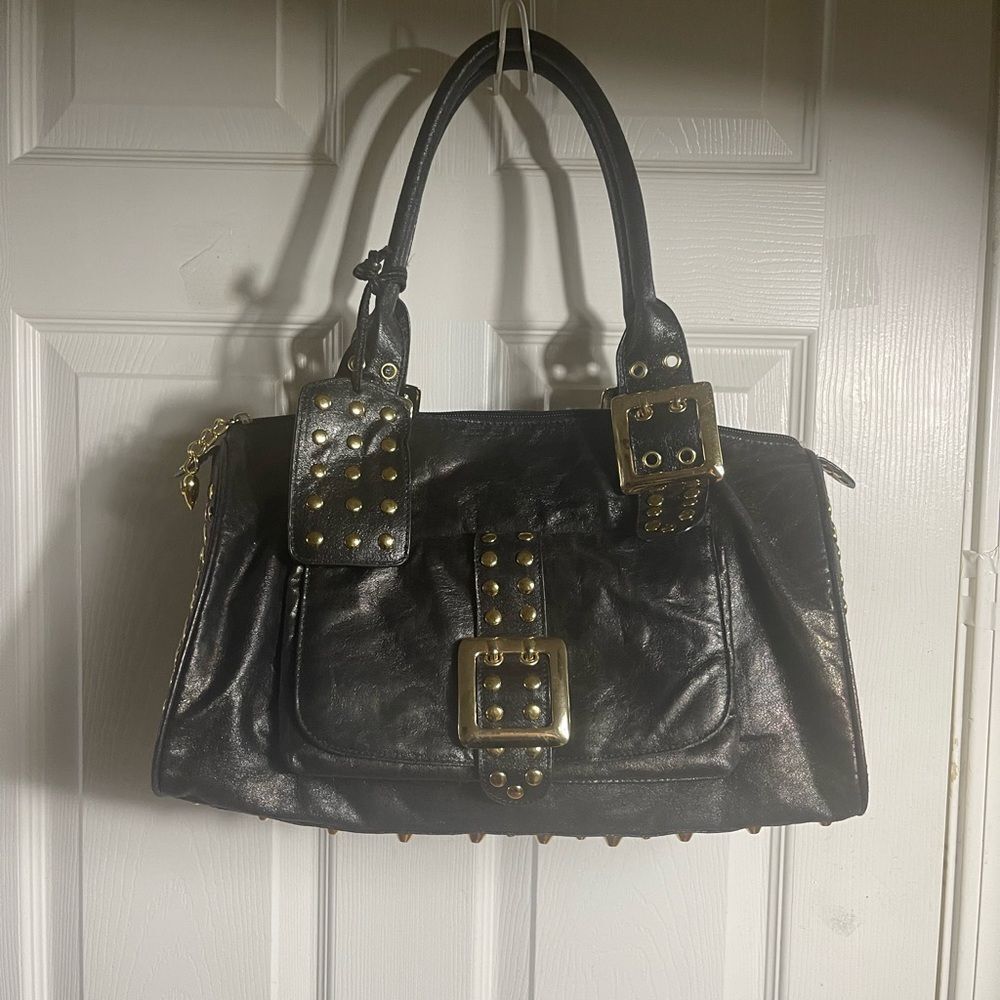 CMZ Stylish Synthetic Black Medium Satchel with Gold Studs Accents.